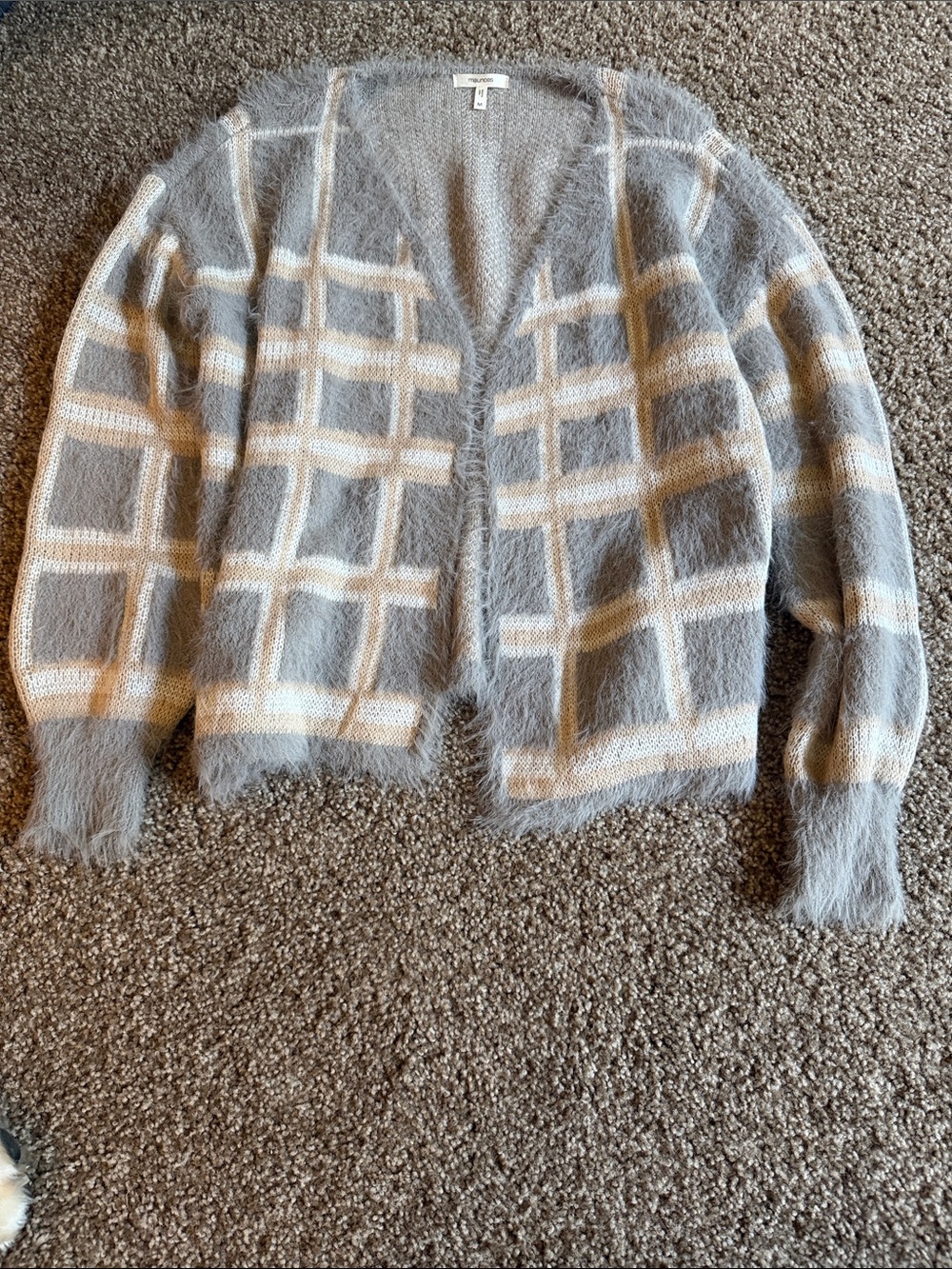 Maurices Fuzzy Windowpane Cardigan - Gray & Cream